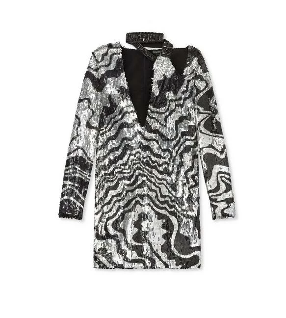 TOM FORD GRAPHIC SWIRLS EMBROIDERY MINI DRESS - BLACK + SILVER