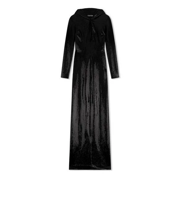 TOM FORD LIQUID SEQUINS HOODED EVENING DRESS - BLACK