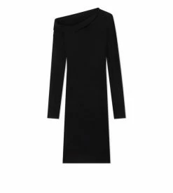 TOM FORD LOOSE MICROCOSTA JERSEY OFF THE SHOULDER COCKTAIL DRESS - BLACK