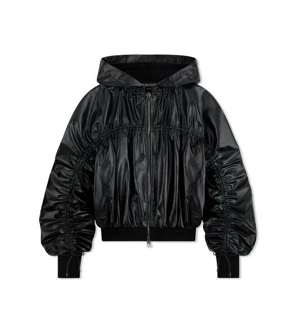 TOM FORD SHINY TEXTURED LEATHER RUCHED HOODIE - BLACK