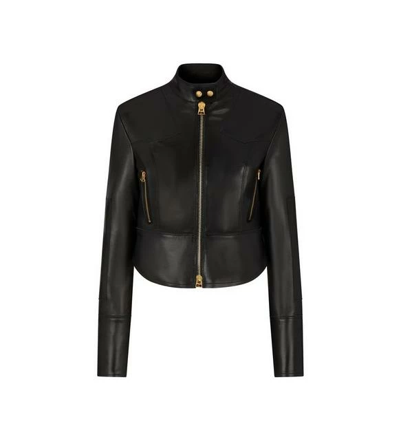 TOM FORD NEW PLONGE LEATHER CROP BIKER JACKET - BLACK