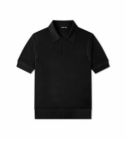 TOM FORD VISCOSE SILK MICRO TEXTURE POLO - BLACK