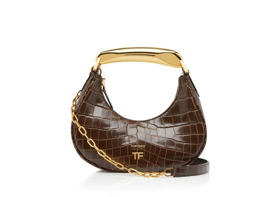 TOM FORD SHINY STAMPED CROCODILE LEATHER BIANCA MINI HOBO - CHESTNUT