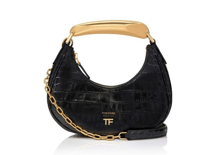 TOM FORD SHINY STAMPED CROCODILE LEATHER BIANCA MINI HOBO - BLACK