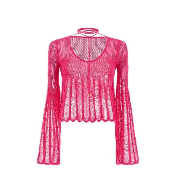 TOM FORD COTTON LARGE LADDER KNIT TOP - CARMINE ROSE