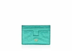 TOM FORD METALLIC STAMPED LEATHER CLASSIC TF CARD HOLDER - LAGOON