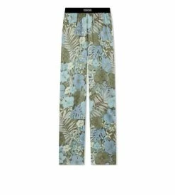TOM FORD DUSTY HIBISCUS SILK PAJAMA PANTS - BLUE/GREEN