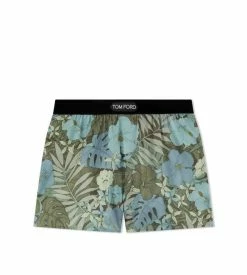 TOM FORD DUSTY HIBISCUS SILK BOXERS - BLUE/GREEN
