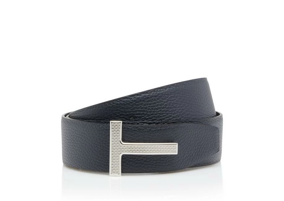 TOM FORD GRAIN LEATHER TEXTURED T BELT - DARK NAVY + BLACK