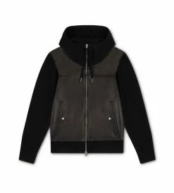 TOM FORD LEATHER FRONT MERINO KNIT JACKET - BLACK