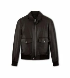 TOM FORD SOFT GRAIN LEATHER COLLAR BLOUSON - DARK BROWN