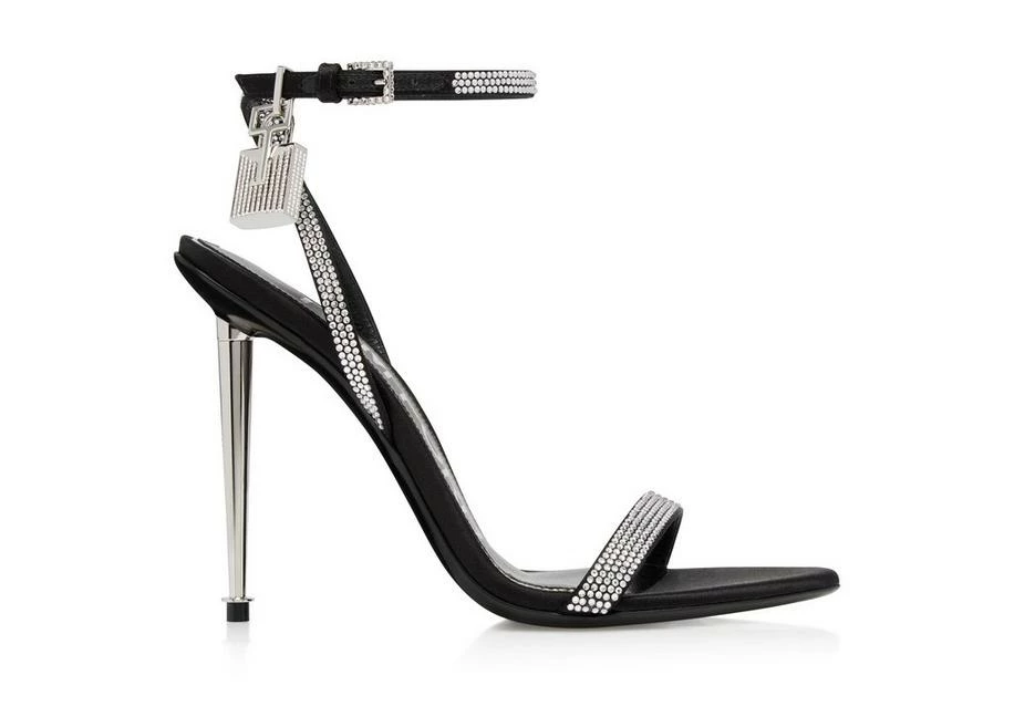 TOM FORD CRYSTAL EMBELLISHED SATIN PADLOCK POINTY NAKED SANDAL - BLACK CRYSTAL