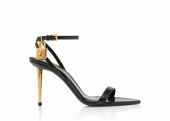 TOM FORD SHINY LEATHER PADLOCK POINTY NAKED SANDAL 85MM - BLACK