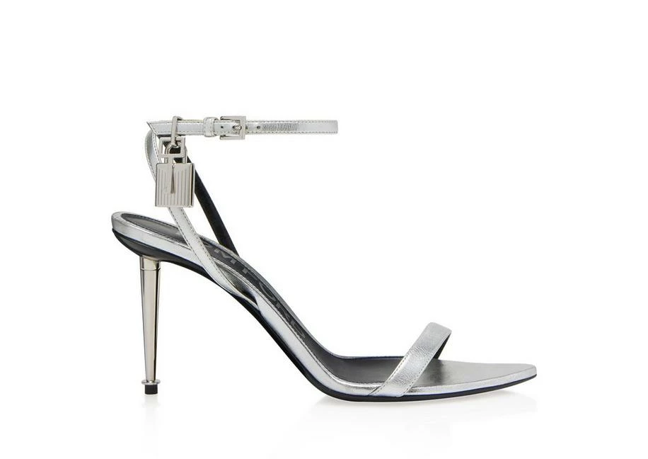 TOM FORD LAMINATED NAPPA PADLOCK POINTY NAKED SANDAL 85 MM - SILVER