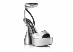 TOM FORD LAMINATED STAMPED PYTHON LEATHER DISCO PLATFORM SANDAL 140 MM - SILVER