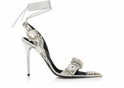 TOM FORD MIRROR LEATHER AND CRYSTAL STONES POINTY JEWEL SANDAL - SILVER + CRYSTAL