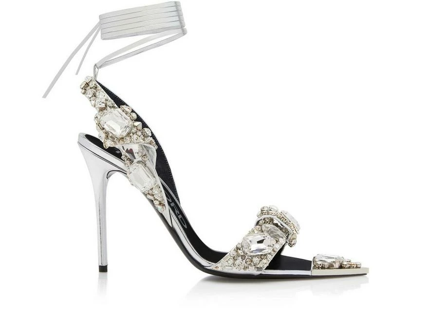 TOM FORD MIRROR LEATHER AND CRYSTAL STONES POINTY JEWEL SANDAL - SILVER + CRYSTAL