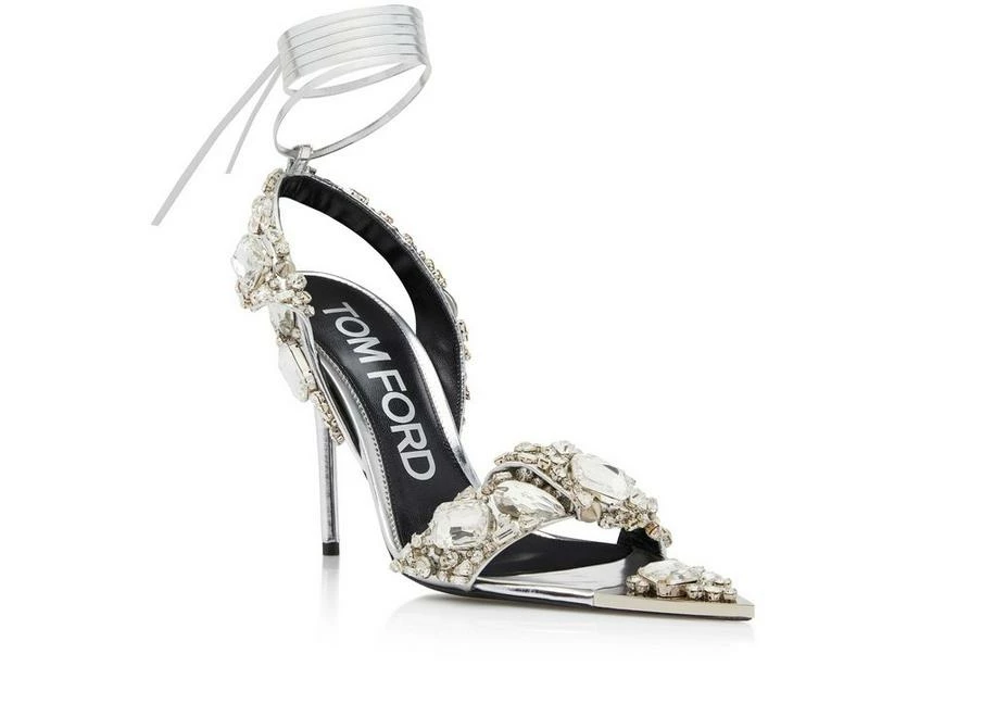 TOM FORD MIRROR LEATHER AND CRYSTAL STONES POINTY JEWEL SANDAL - SILVER + CRYSTAL - Image 2