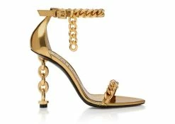 TOM FORD MIRROR LEATHER CHAIN HEEL ANKLE STRAP SANDAL - GOLD