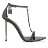 TOM FORD MIRROR LEATHER PADLOCK CHAIN POINTY NAKED SANDAL - GUNMETAL