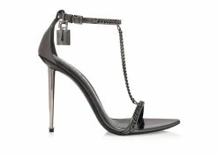 TOM FORD MIRROR LEATHER PADLOCK CHAIN POINTY NAKED SANDAL - GUNMETAL