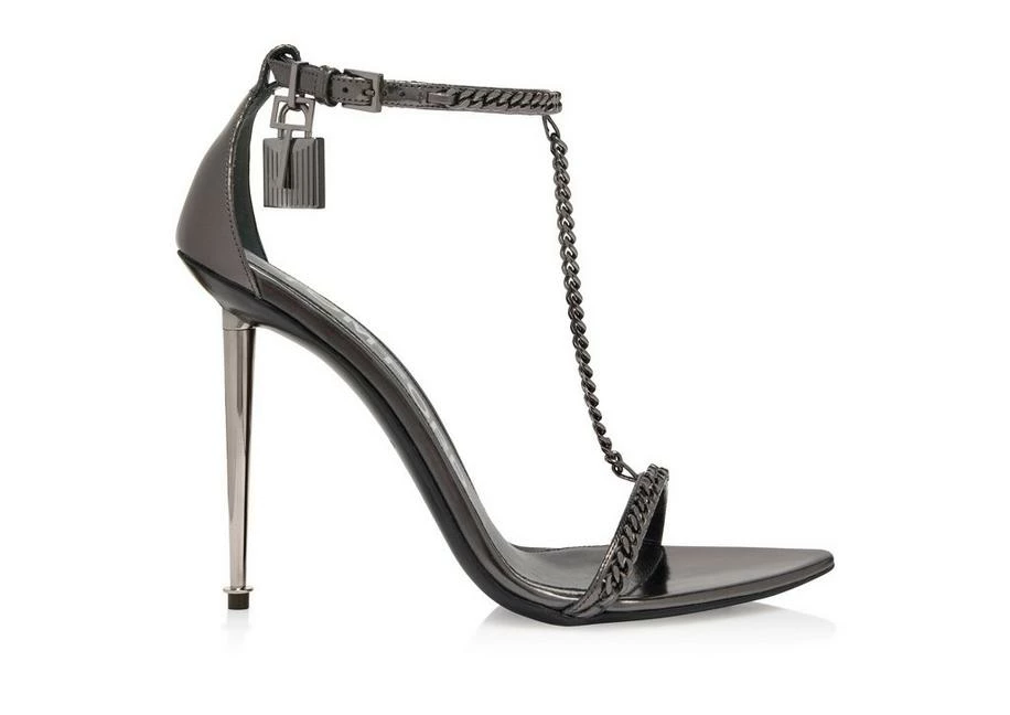 TOM FORD MIRROR LEATHER PADLOCK CHAIN POINTY NAKED SANDAL - GUNMETAL