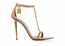 TOM FORD SHINY LEATHER PADLOCK POINTY NAKED SANDAL - FLESH