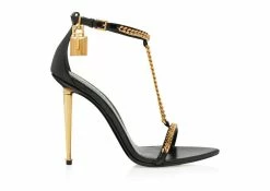 TOM FORD SHINY LEATHER PADLOCK POINTY NAKED SANDAL - BLACK