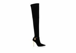 TOM FORD STRETCH SUEDE LEATHER PADLOCK OVER THE KNEE BOOT - BLACK