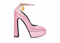 TOM FORD LAMINATED PRINTED LIZARD PADLOCK PEEP TOE PUMP - LIGHT PINK