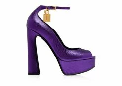 TOM FORD LAMINATED PRINTED LIZARD PADLOCK PEEP TOE PUMP - DAHLIA