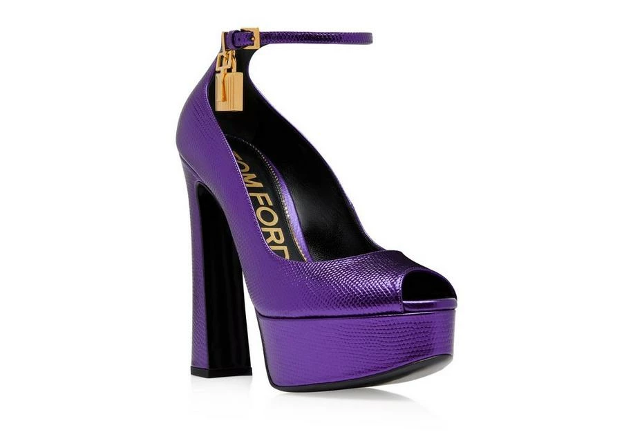 TOM FORD LAMINATED PRINTED LIZARD PADLOCK PEEP TOE PUMP - DAHLIA - Image 2