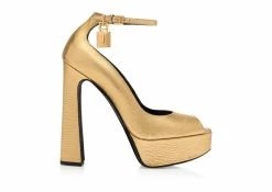 TOM FORD LAMINATED PRINTED LIZARD PADLOCK PEEP TOE PUMP - GOLD