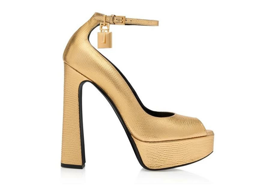 TOM FORD LAMINATED PRINTED LIZARD PADLOCK PEEP TOE PUMP - GOLD