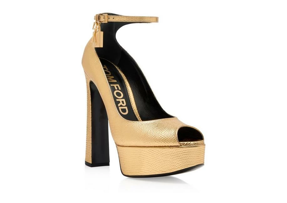 TOM FORD LAMINATED PRINTED LIZARD PADLOCK PEEP TOE PUMP - GOLD - Image 2