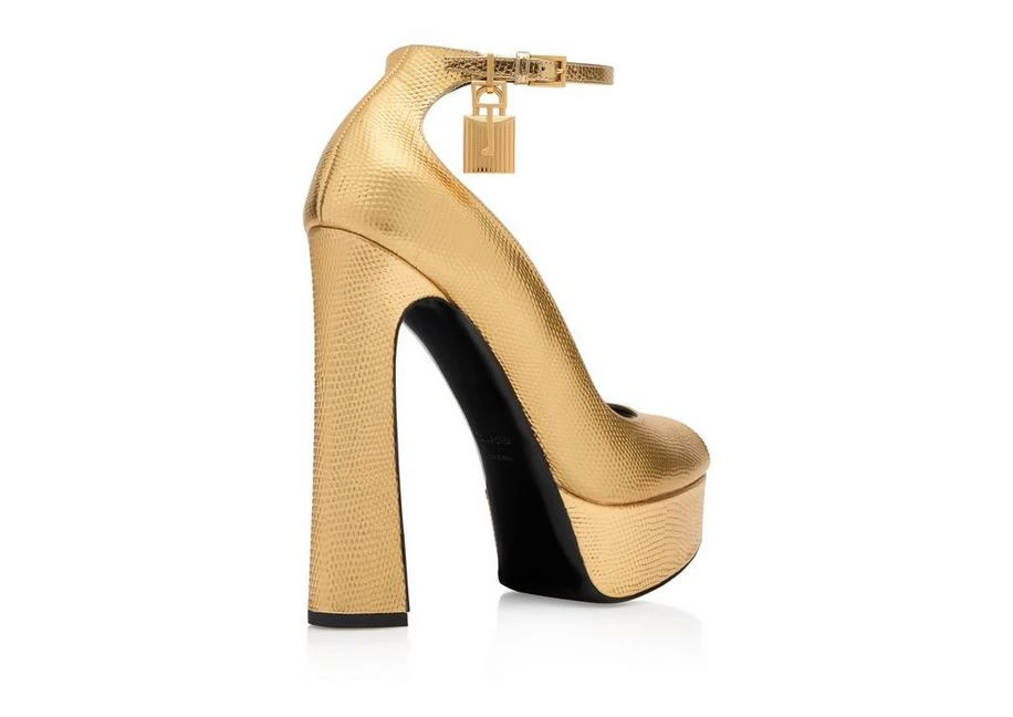 TOM FORD LAMINATED PRINTED LIZARD PADLOCK PEEP TOE PUMP - GOLD - Image 3