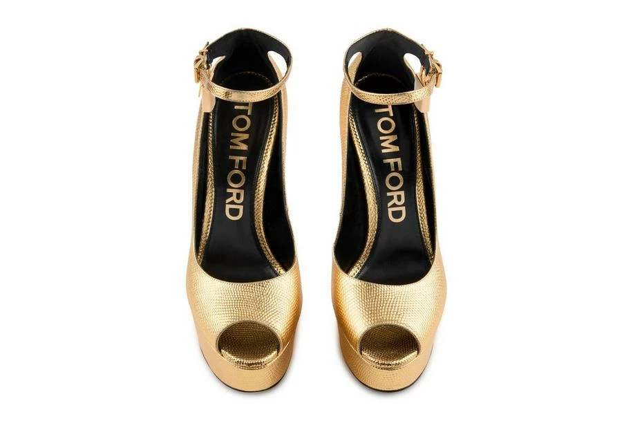 TOM FORD LAMINATED PRINTED LIZARD PADLOCK PEEP TOE PUMP - GOLD - Image 4