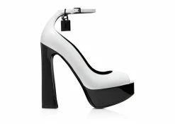 TOM FORD PATENT LEATHER PADLOCK PEEP TOE PUMP - WHITE + BLACK
