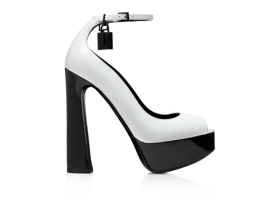 TOM FORD PATENT LEATHER PADLOCK PEEP TOE PUMP - WHITE + BLACK