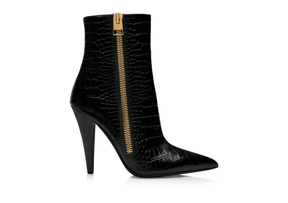 TOM FORD SHINY STAMPED CROCODILE LEATHER ZIP ANKLE BOOT - BLACK