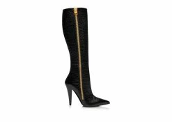 TOM FORD SHINY STAMPED CROCODILE LEATHER ZIP KNEE-HIGH BOOT - BLACK