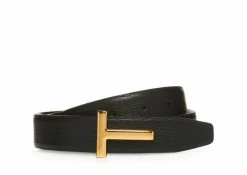 TOM FORD GRAINED LEATHER AND SHINY SMOOTH LEATHER REVERSIBLE T BELT - BLACK